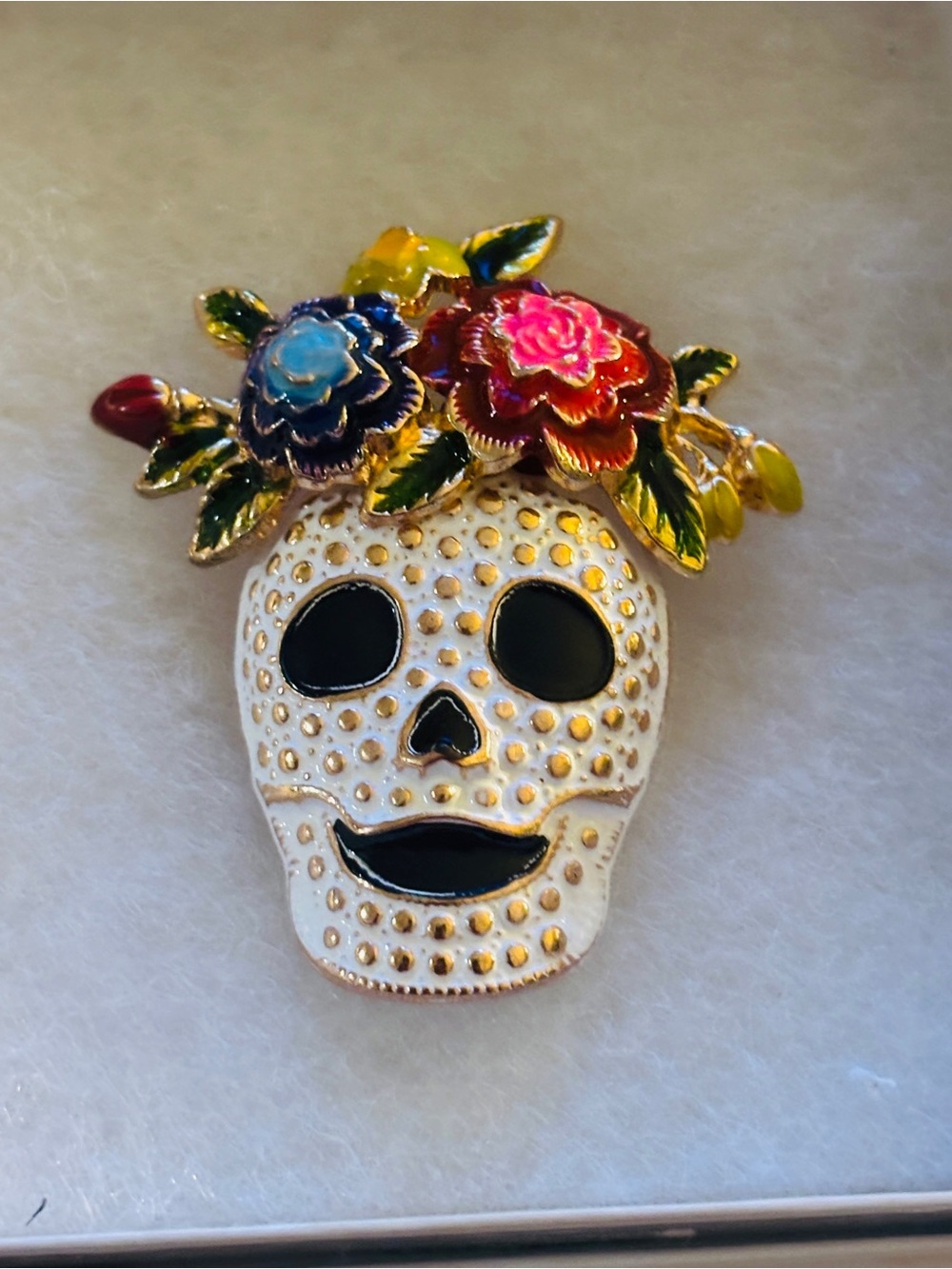 Enamel Sugar Skull brooch with Colorful Flower Crown